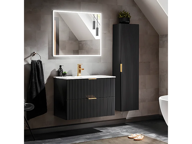 Ensemble meuble simple vasque encastrée 80cm et colonne Adriel Noir