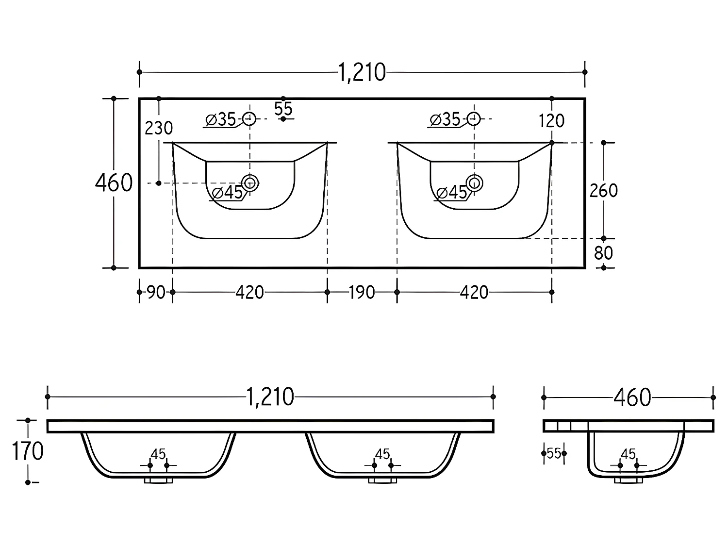 Mueble doble lavabo encastrado 120cm Gaia Madera y Negro