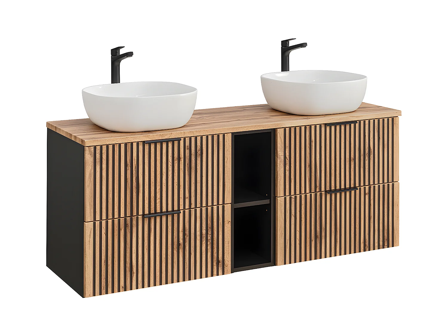Meuble double vasque 140cm 2 niches Gaia Bois et Noir