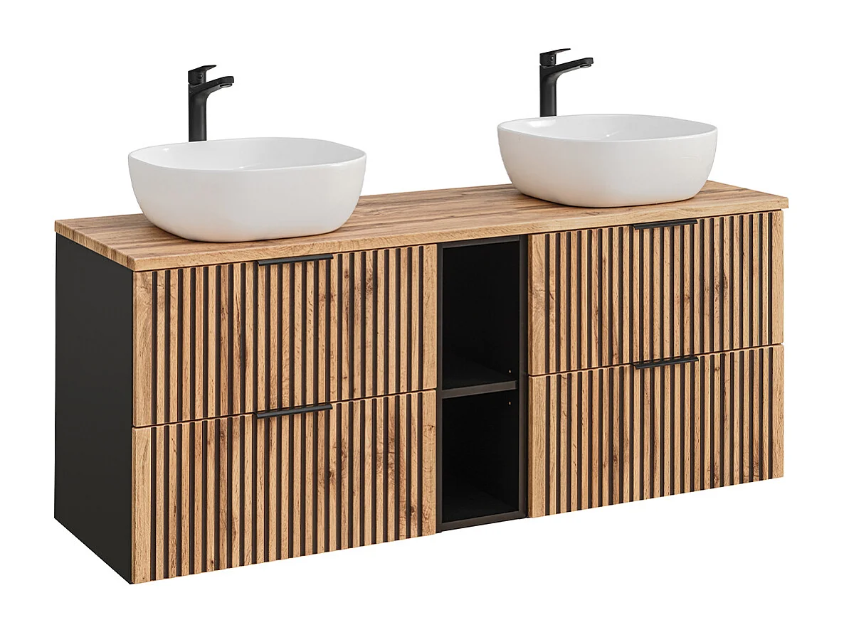 Dobbelt håndvask 140 cm 2 nicher Gaia Wood og sort