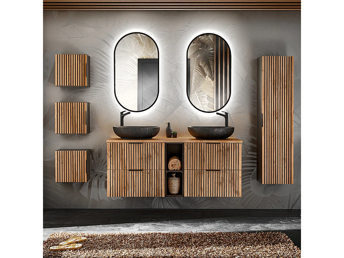 Mobile lavabo doppio 140cm 2 nicchie Gaia Wood e Black