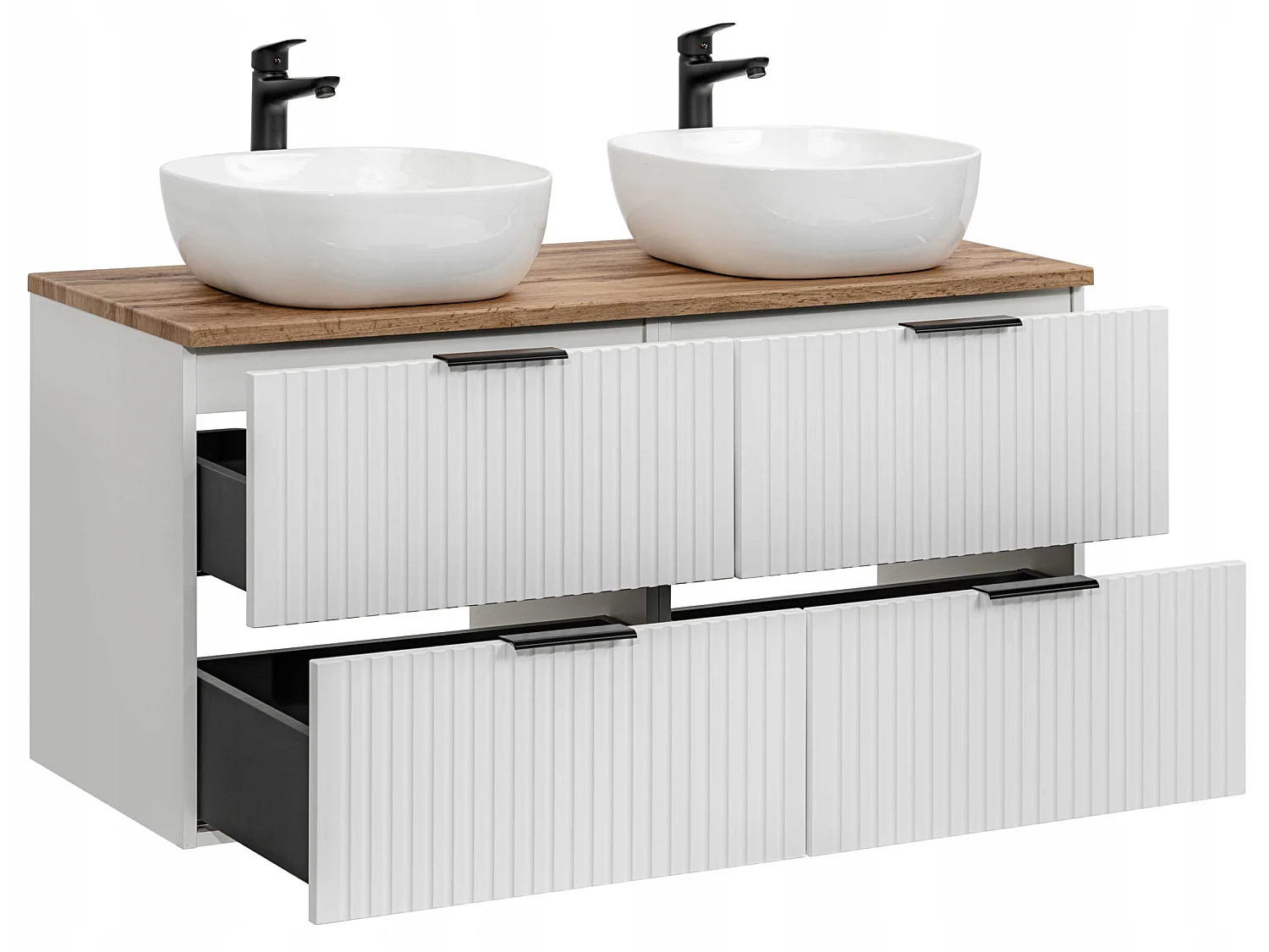 Ensemble de meubles Adel White 120 cm avec plan de toilette et 2 vasques à poser, blanc mat et chêne Wotan