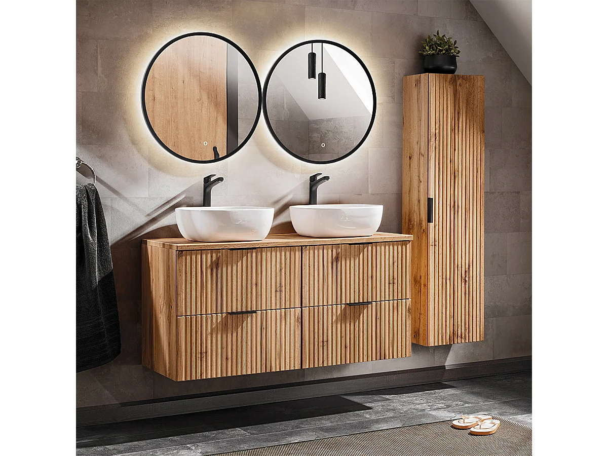 Ensemble de meubles Adel Oak 120 cm avec plan de toilette et 2 vasques à poser Smile