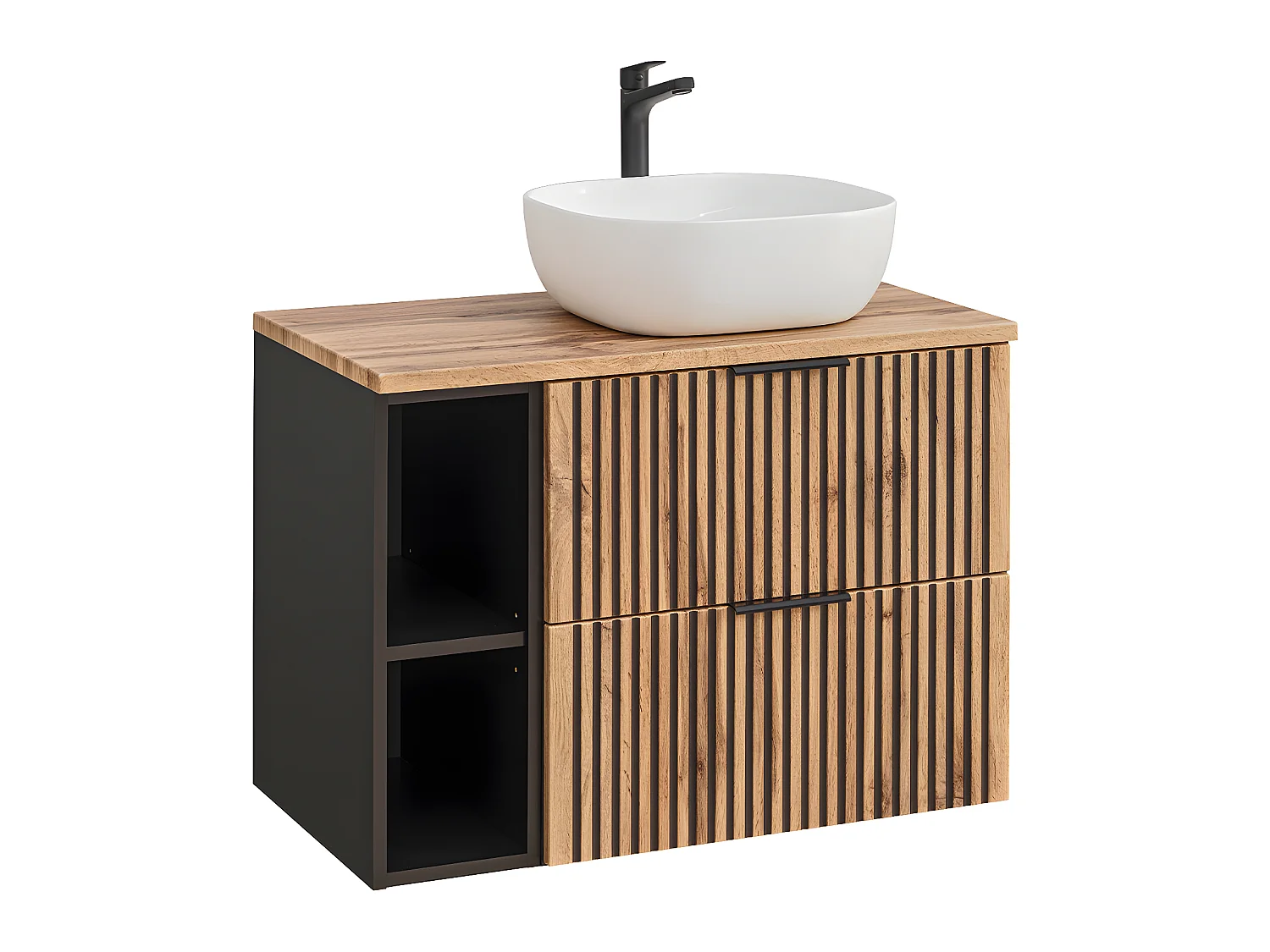 Enkele wastafel 80cm 2 nissen Gaia Wood en Zwart