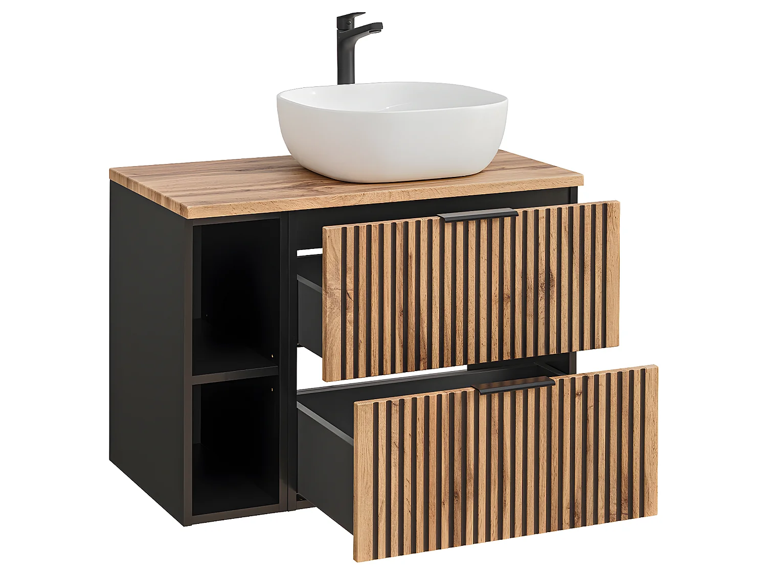 Mueble lavabo individual 80cm 2 nichos Gaia Madera y Negro
