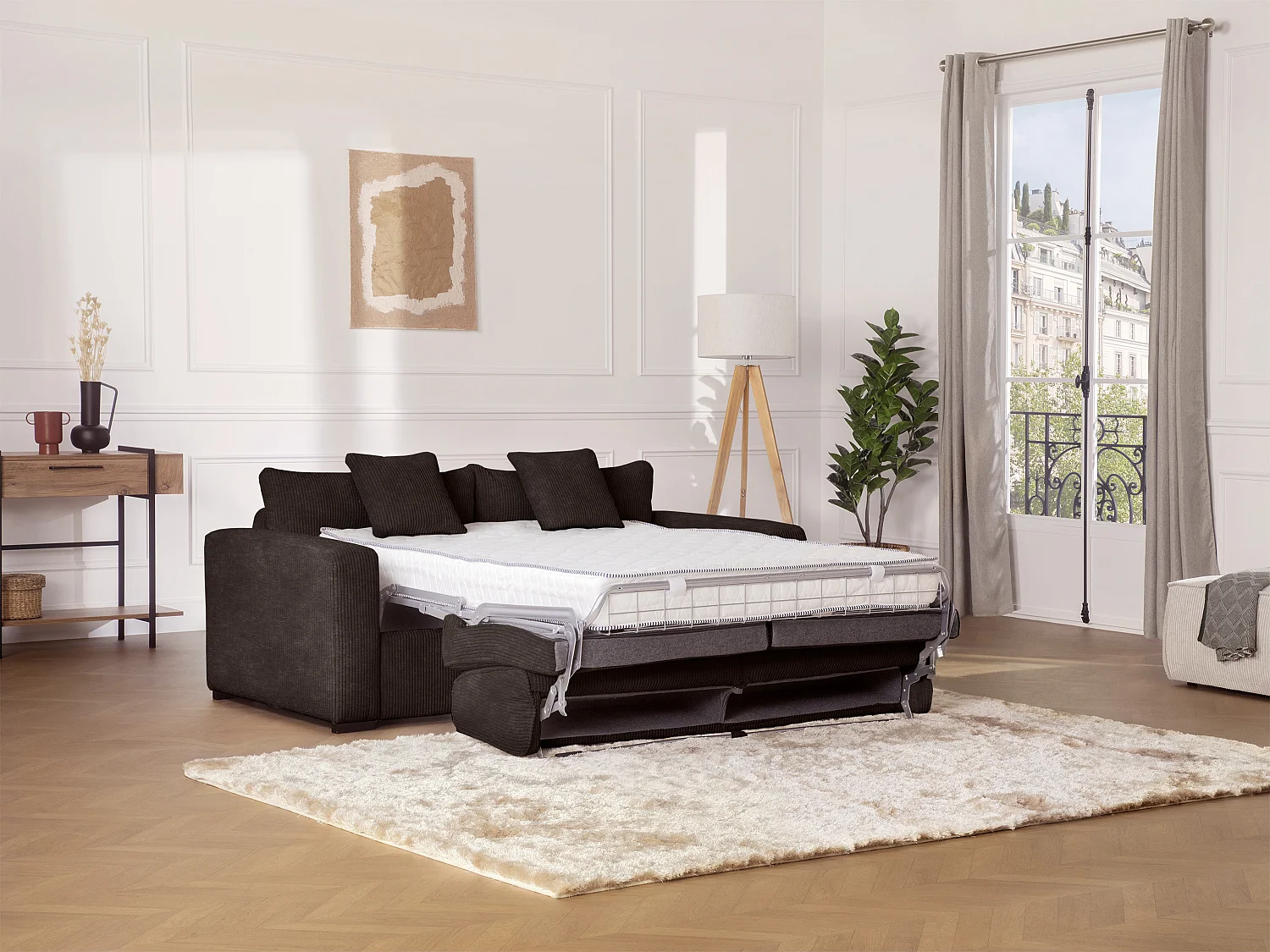 Canapé 3 places convertible express en velours côtelé marron - Couchage 140 cm - Matelas 14 cm -  MONDOVI