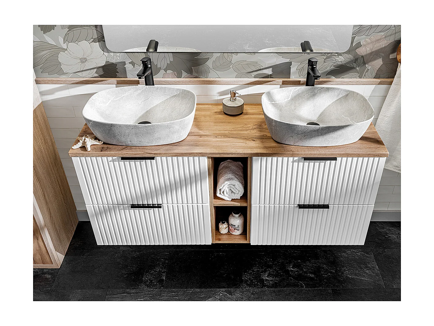 Szafka pod umywalkę nablatową ADEL WHITE 82 60cmx2 biała - zestaw 140 cm z regałem i blatem