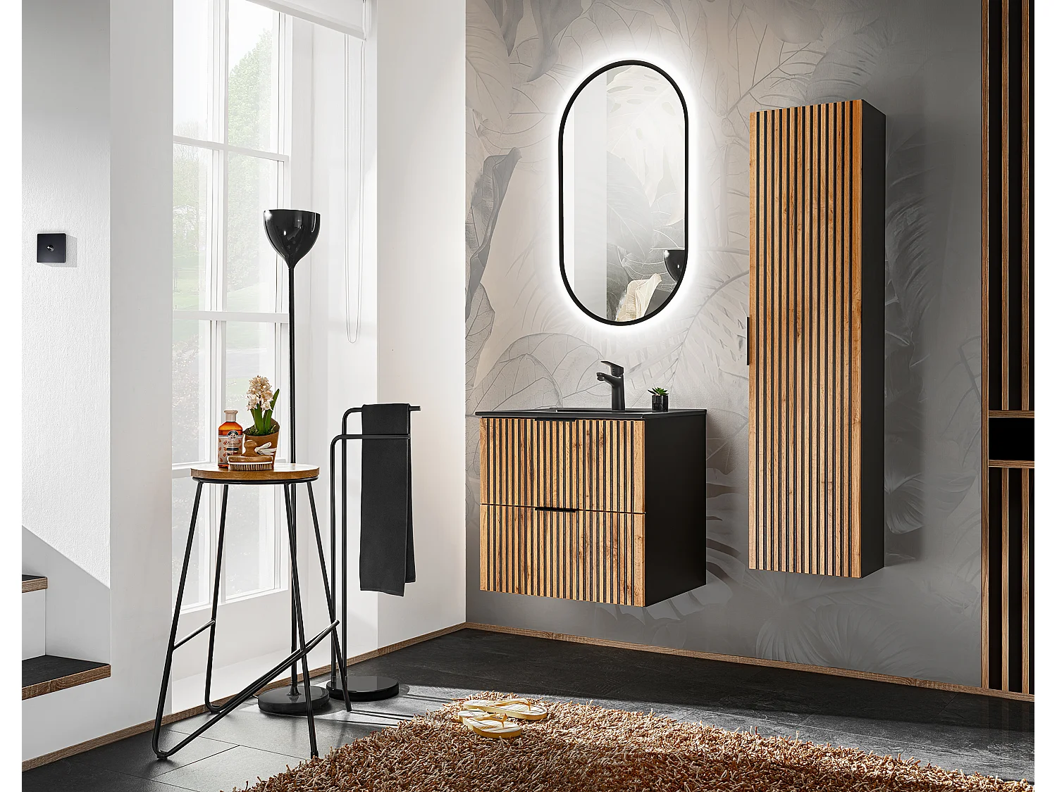 Meuble sous vasque Xilo 60 cm, 2 tiroirs, chêne Wotan et gris pierre