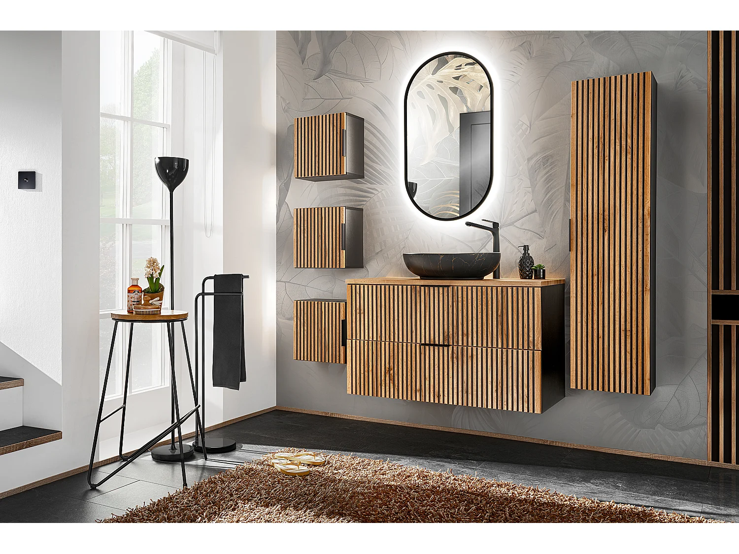 Waschtischunterschrank 80cm Gaia Holz und Schwarz