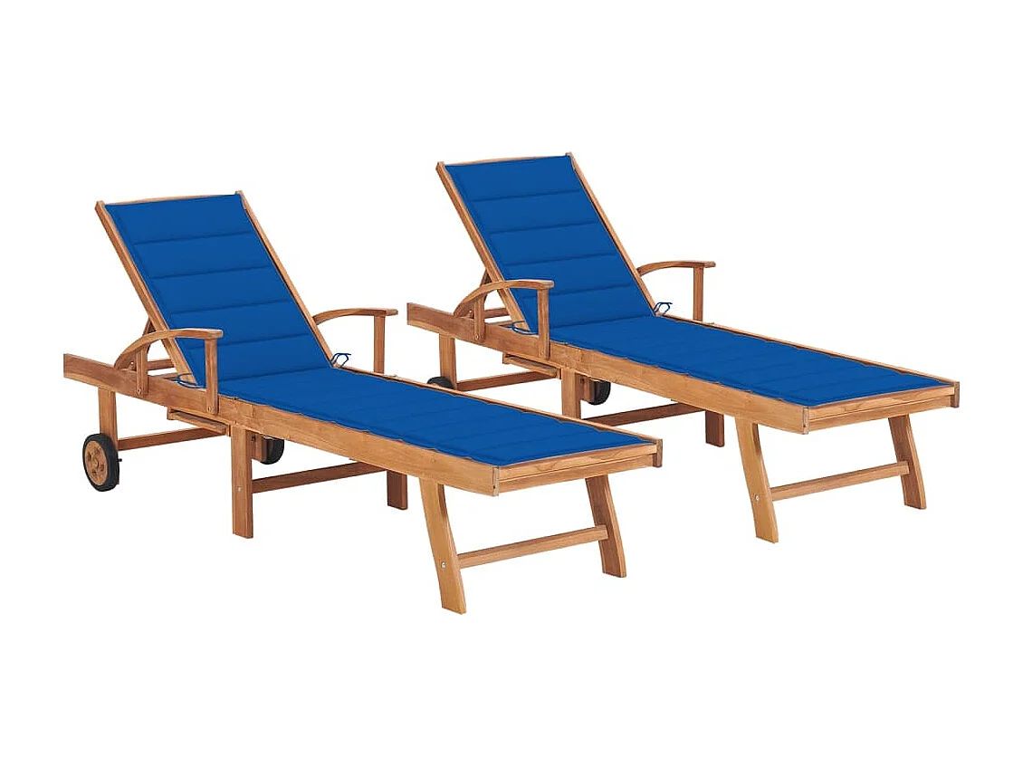 Conjunto de 2 espreguiçadeiras cama de jardim móveis de terraço para área externa com almofada azul royal teca maciça 02_0012028