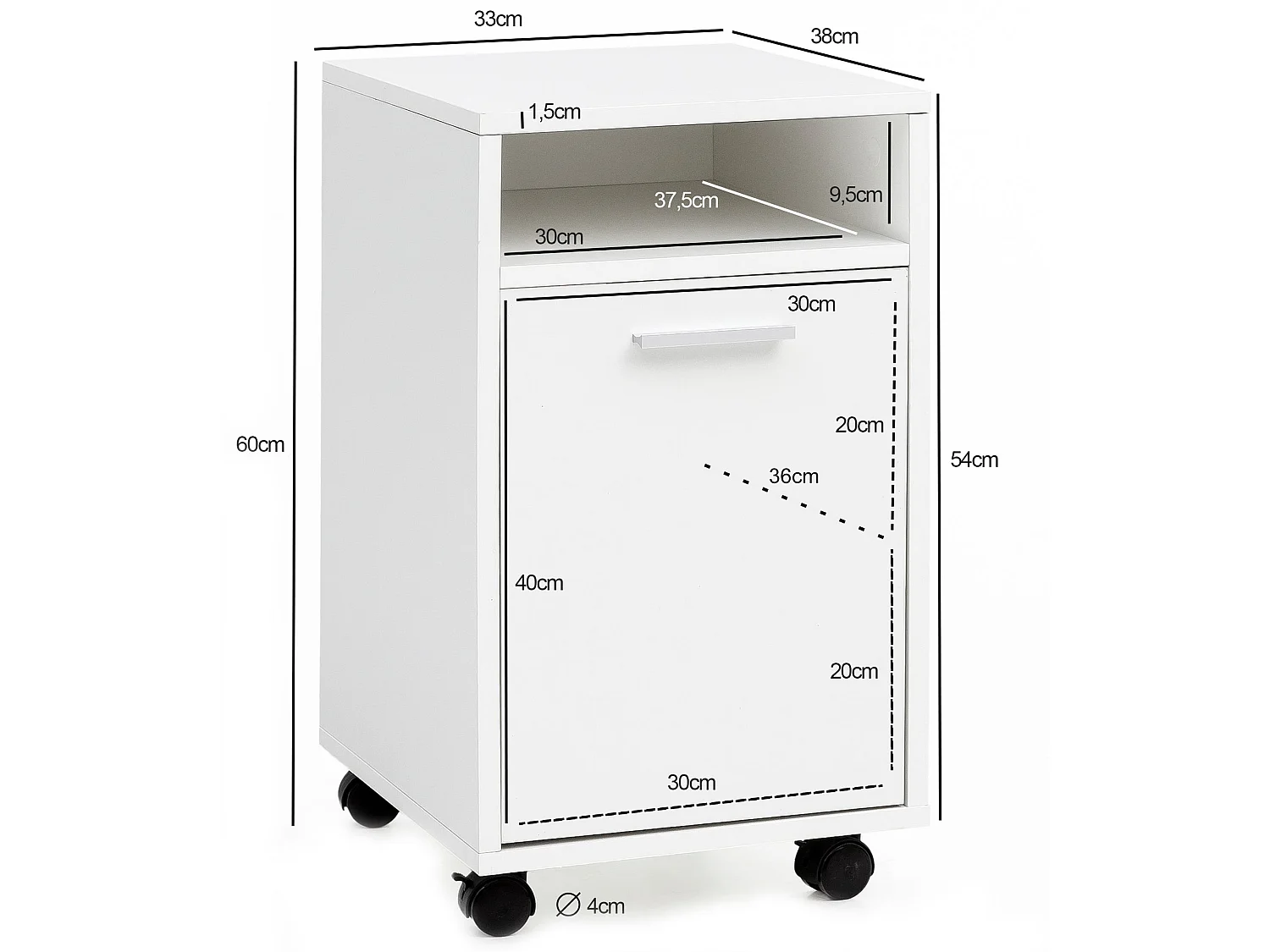 Caisson de Bureau 33x60x38 cm Placard de Rangement Mobile avec Roulettes