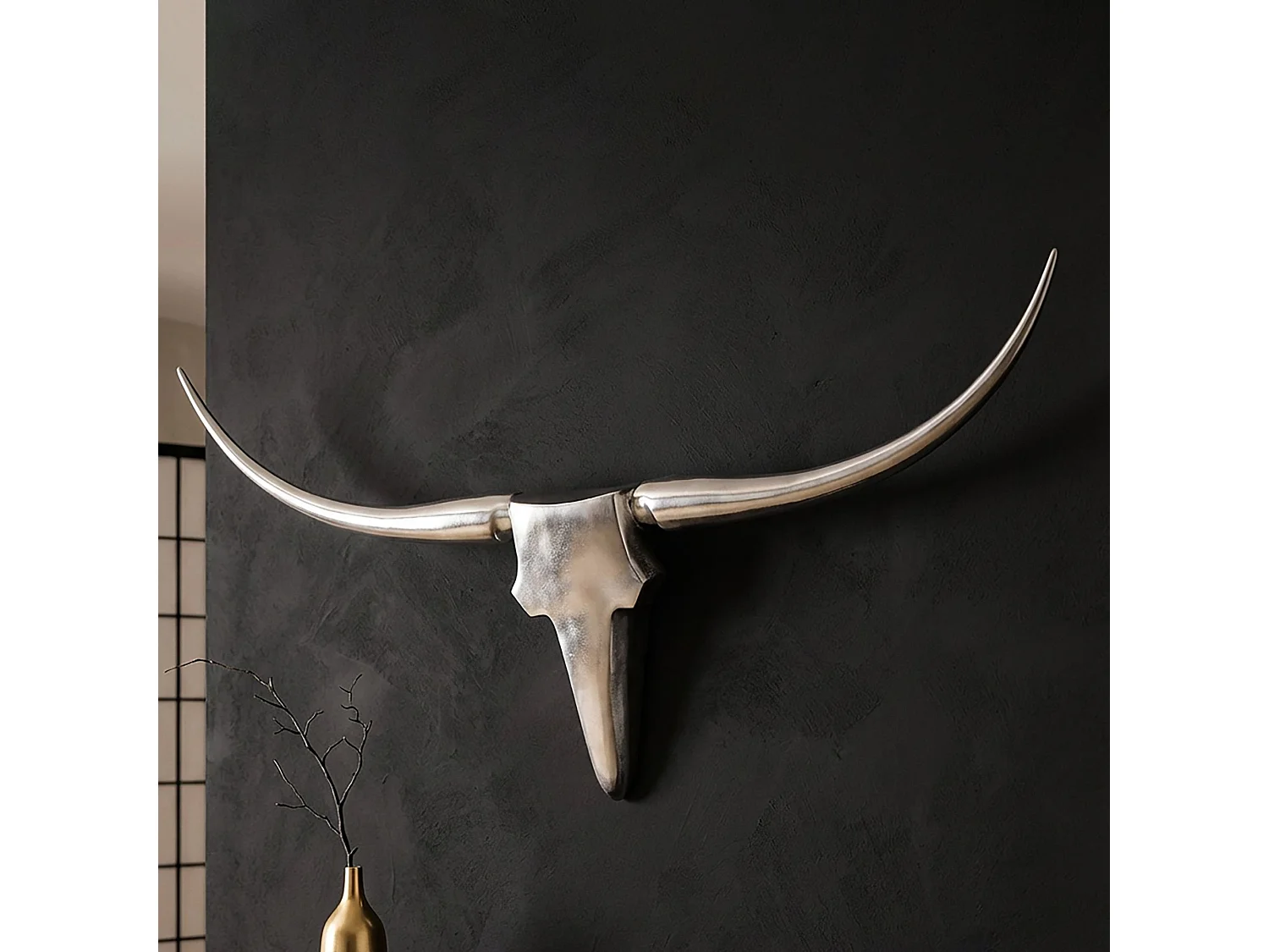 Bull Antlers decorazione della parete L 125 cm di larghezza in alluminio palchi parete d'argento