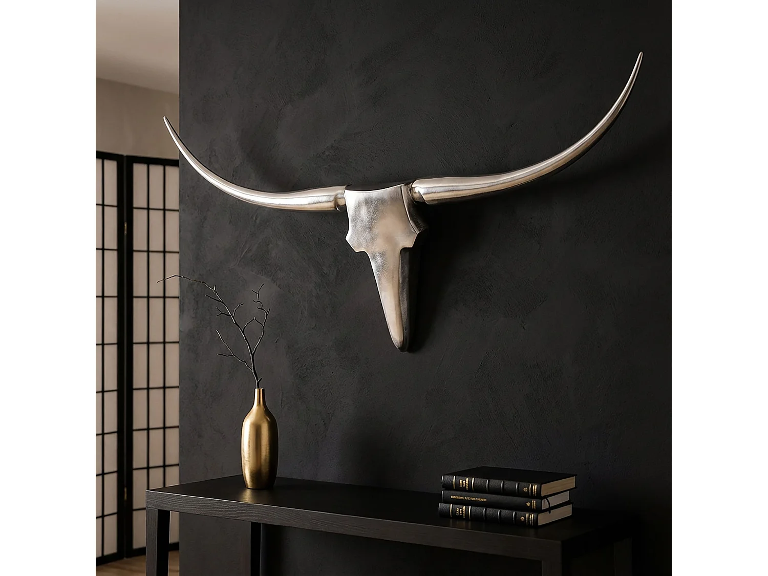 Bull Antlers decorazione della parete L 125 cm di larghezza in alluminio palchi parete d'argento