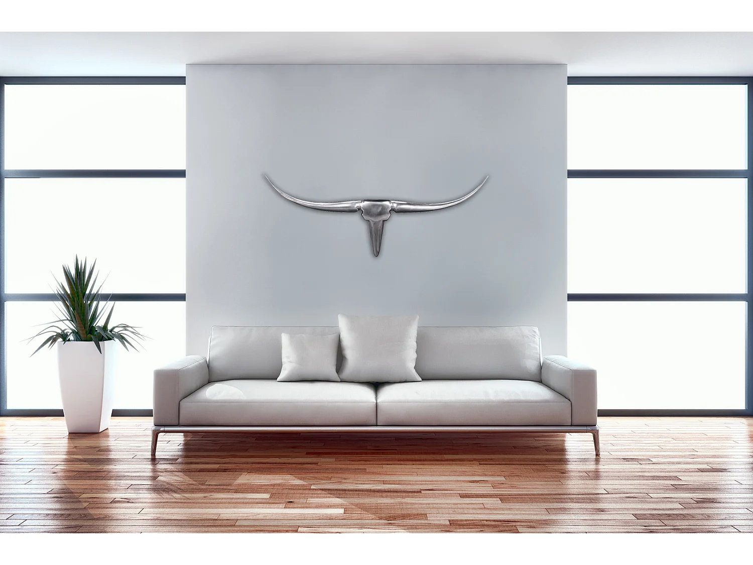 Bull Antlers M décoration murale 100 cm de large en aluminium couleur aluminium argent