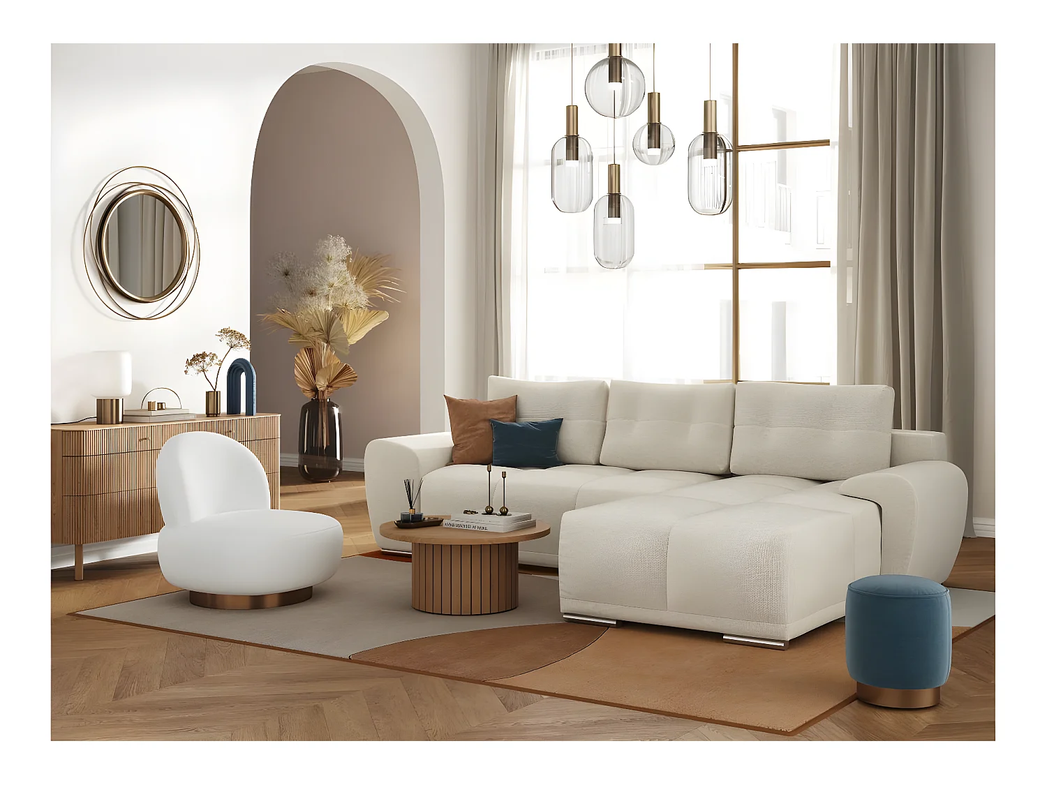 Canapé d'angle droit 4 places convertible Cassandra avec coffre en tissu - Beige - L270 x P181 x H89cm - Loungitude