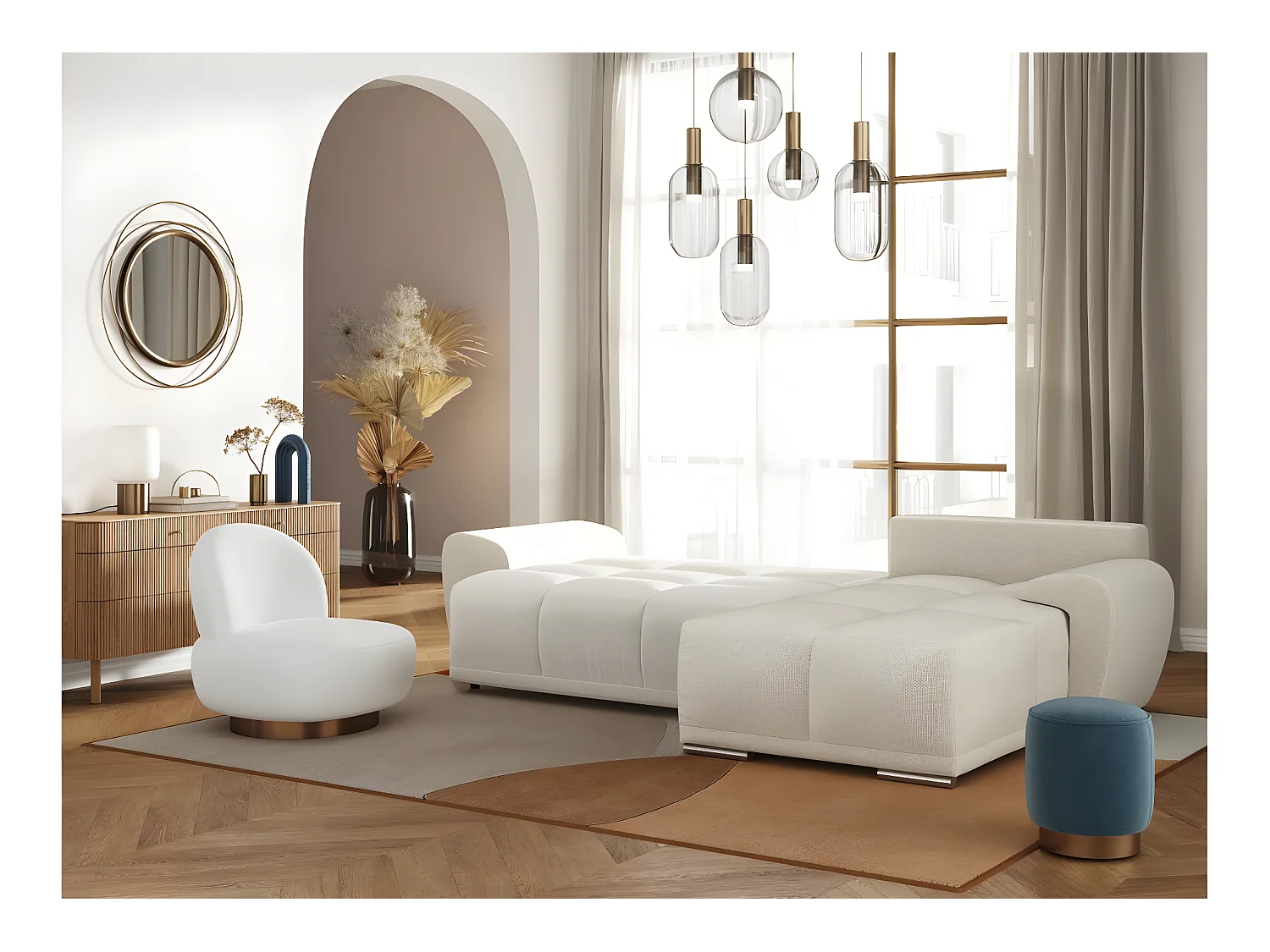 Canapé d'angle droit 4 places convertible Cassandra avec coffre en tissu - Beige - L270 x P181 x H89cm - Loungitude