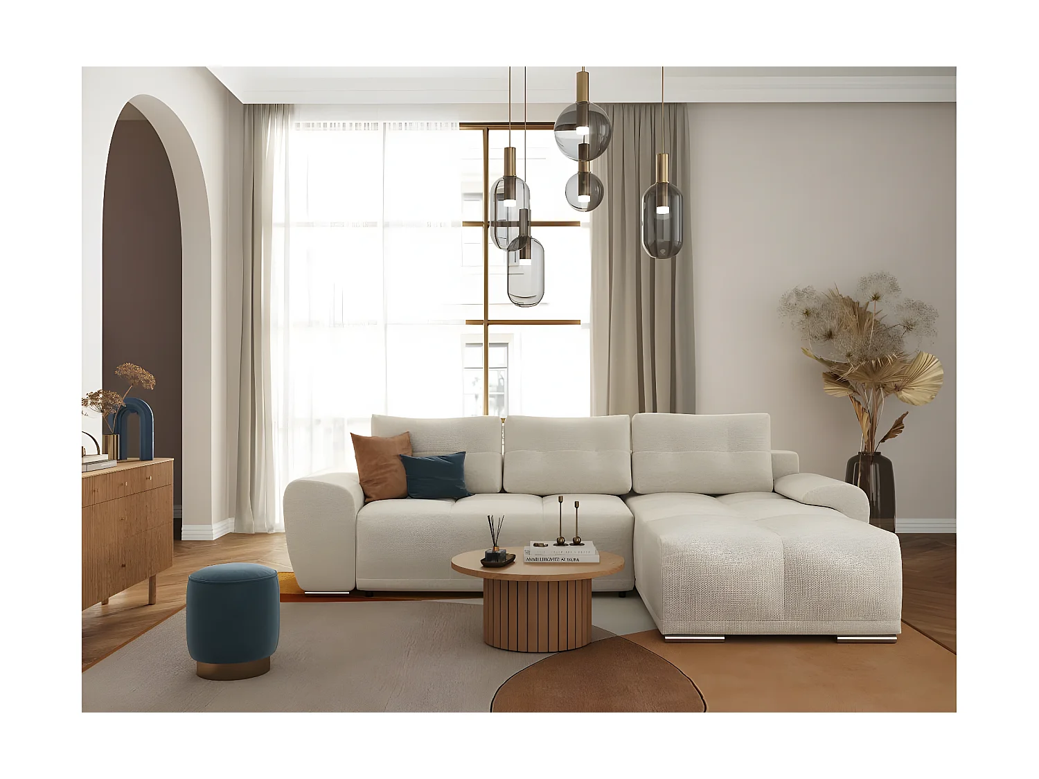 Canapé d'angle droit 4 places convertible Cassandra avec coffre en tissu - Beige - L270 x P181 x H89cm - Loungitude