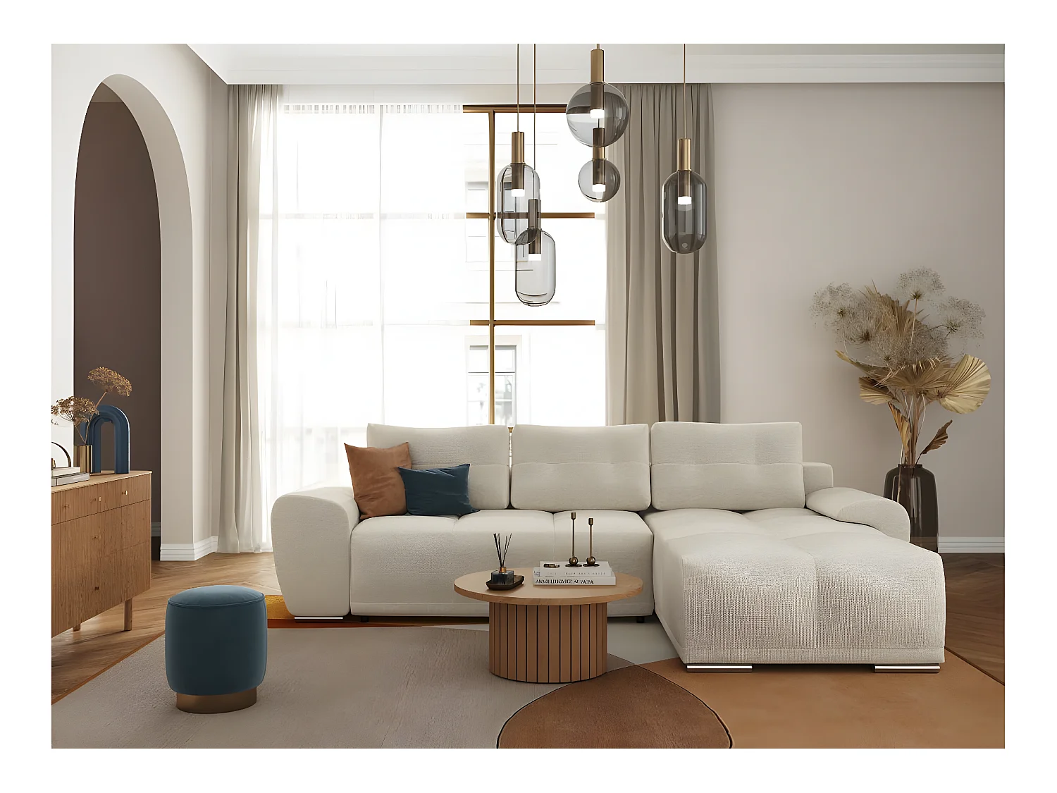 Canapé d'angle droit 4 places convertible Cassandra avec coffre en tissu - Beige - L270 x P181 x H89cm - Loungitude