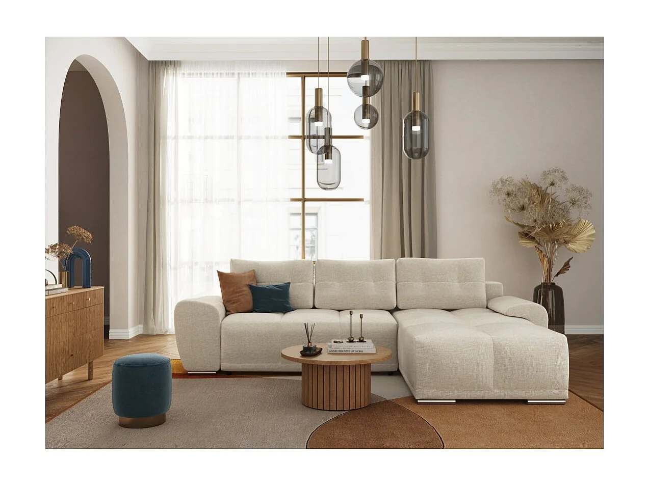 Canapé d'angle droit 4 places convertible Cassandra avec coffre en tissu - Beige - L270 x P181 x H89cm - Loungitude