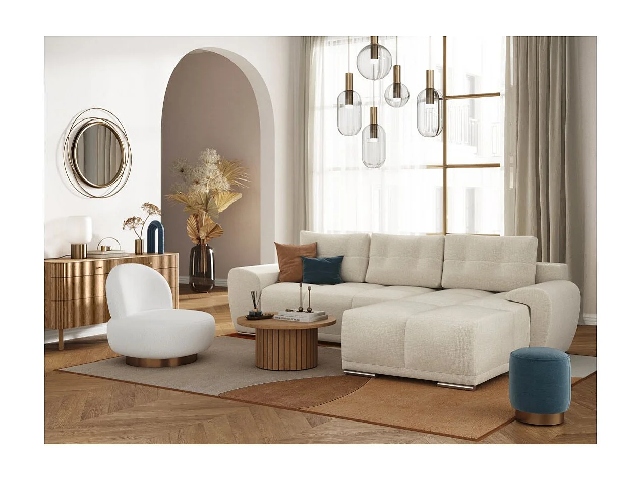 Canapé d'angle droit 4 places convertible Cassandra avec coffre en tissu - Beige - L270 x P181 x H89cm - Loungitude