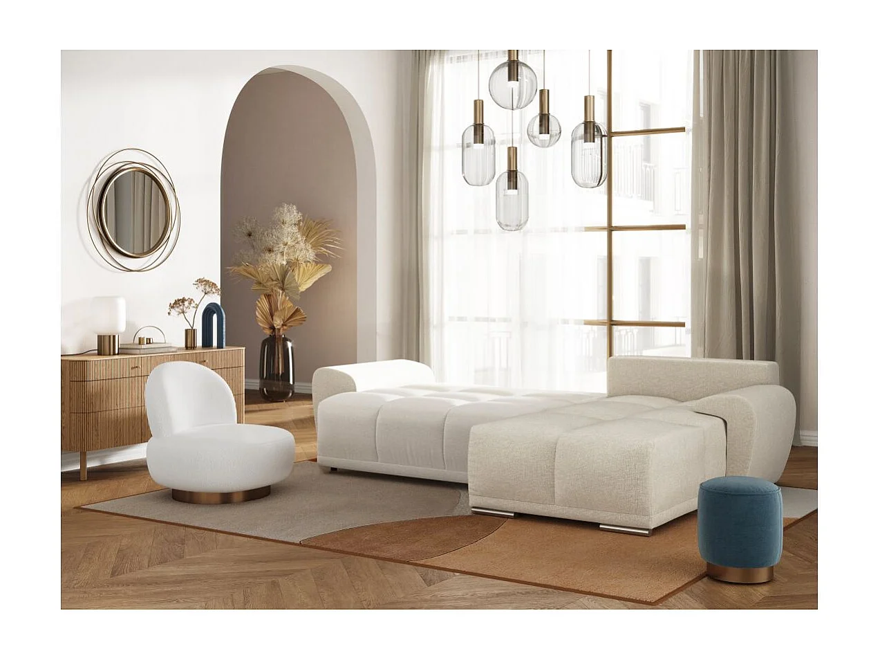 Canapé d'angle droit 4 places convertible Cassandra avec coffre en tissu - Beige - L270 x P181 x H89cm - Loungitude