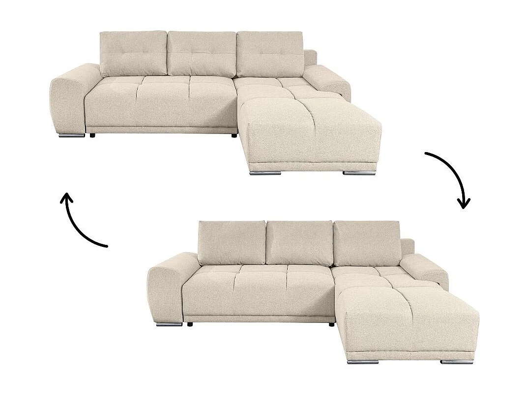 Canapé d'angle droit 4 places convertible Cassandra avec coffre en tissu - Beige - L270 x P181 x H89cm - Loungitude