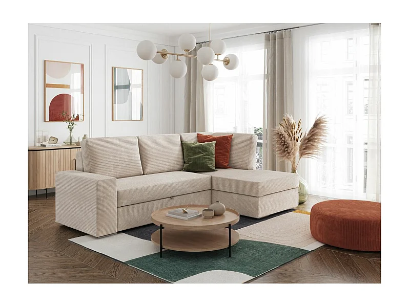 Canapé d'angle droit 3 places convertible Aden avec coffre en velours côtelé - Beige - L246 x P174 x H96cm - Loungitude