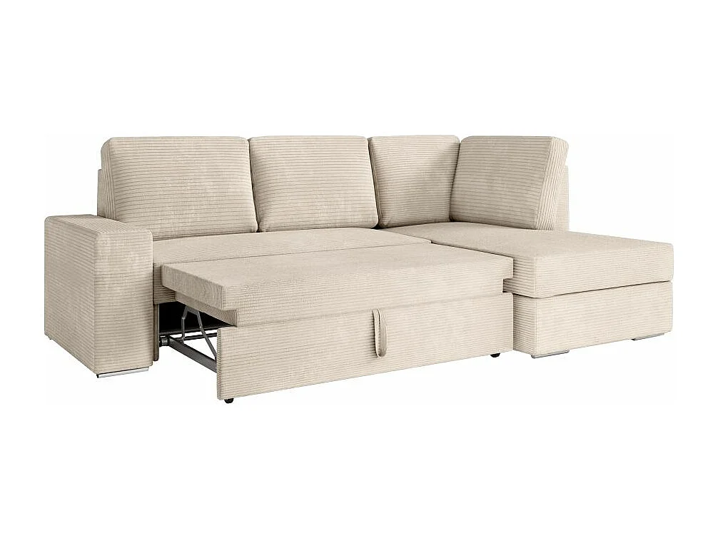 Canapé d'angle droit 3 places convertible Aden avec coffre en velours côtelé - Beige - L246 x P174 x H96cm - Loungitude