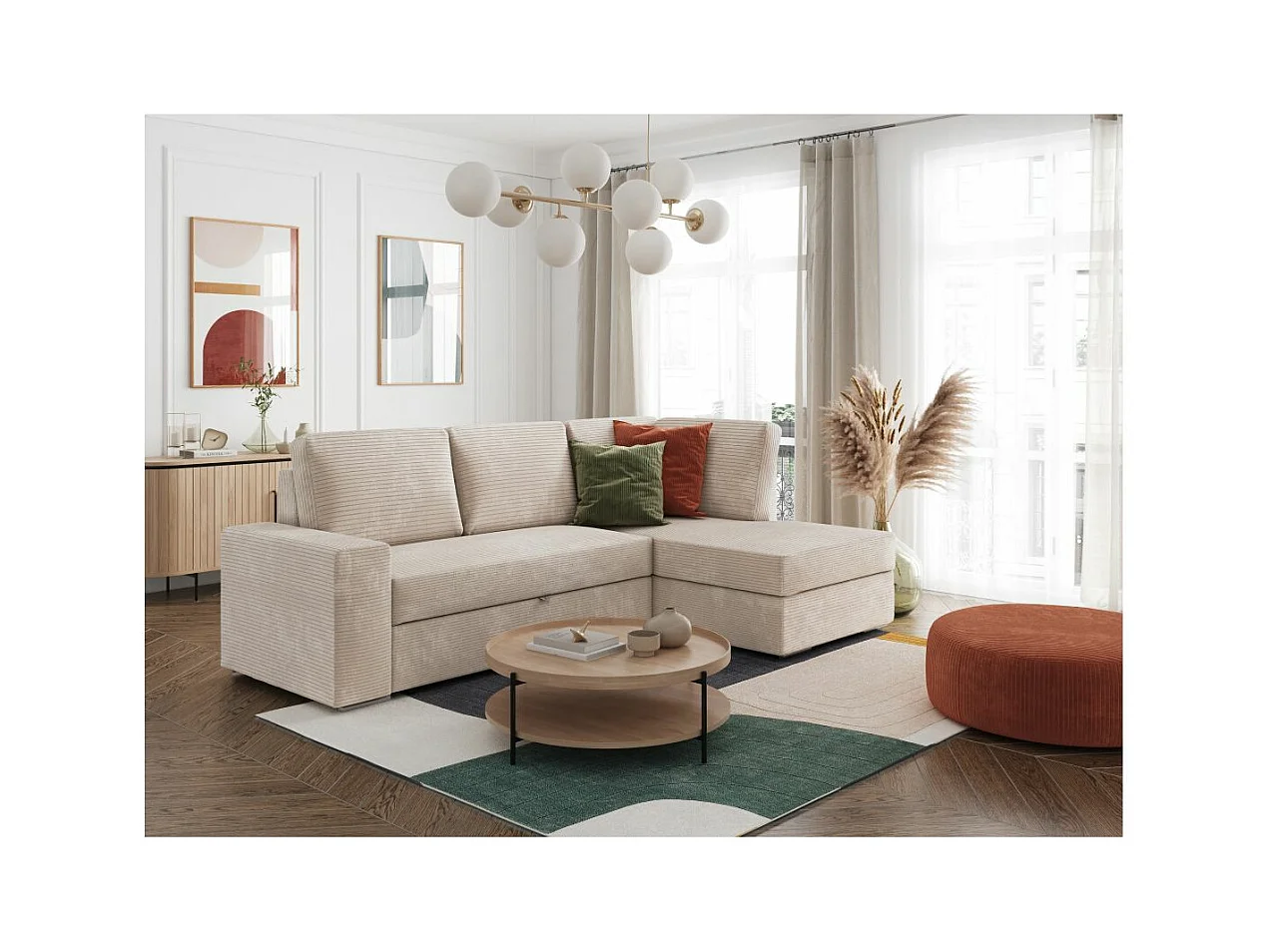 Canapé d'angle droit 3 places convertible Aden avec coffre en velours côtelé - Beige - L246 x P174 x H96cm - Loungitude