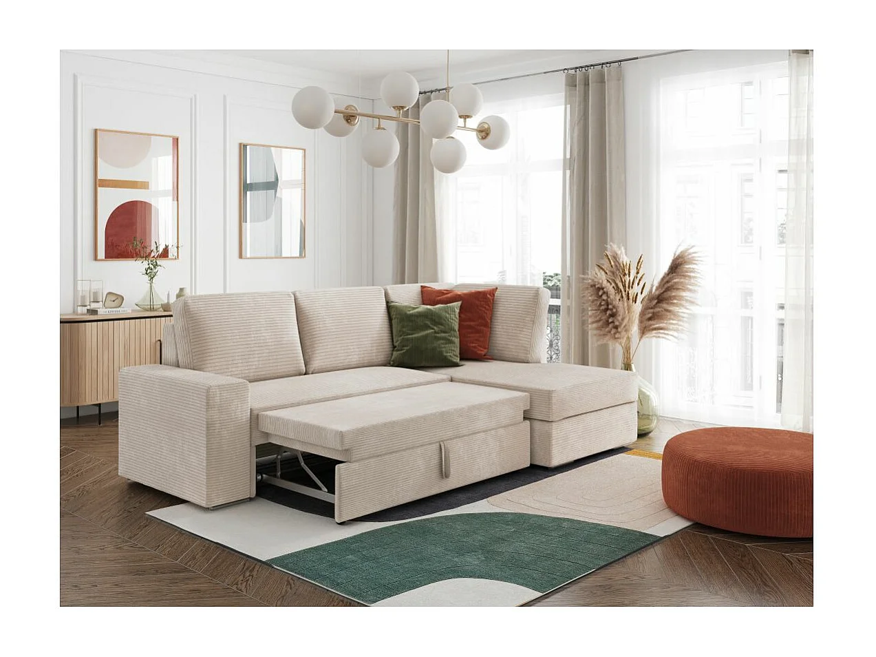 Canapé d'angle droit 3 places convertible Aden avec coffre en velours côtelé - Beige - L246 x P174 x H96cm - Loungitude