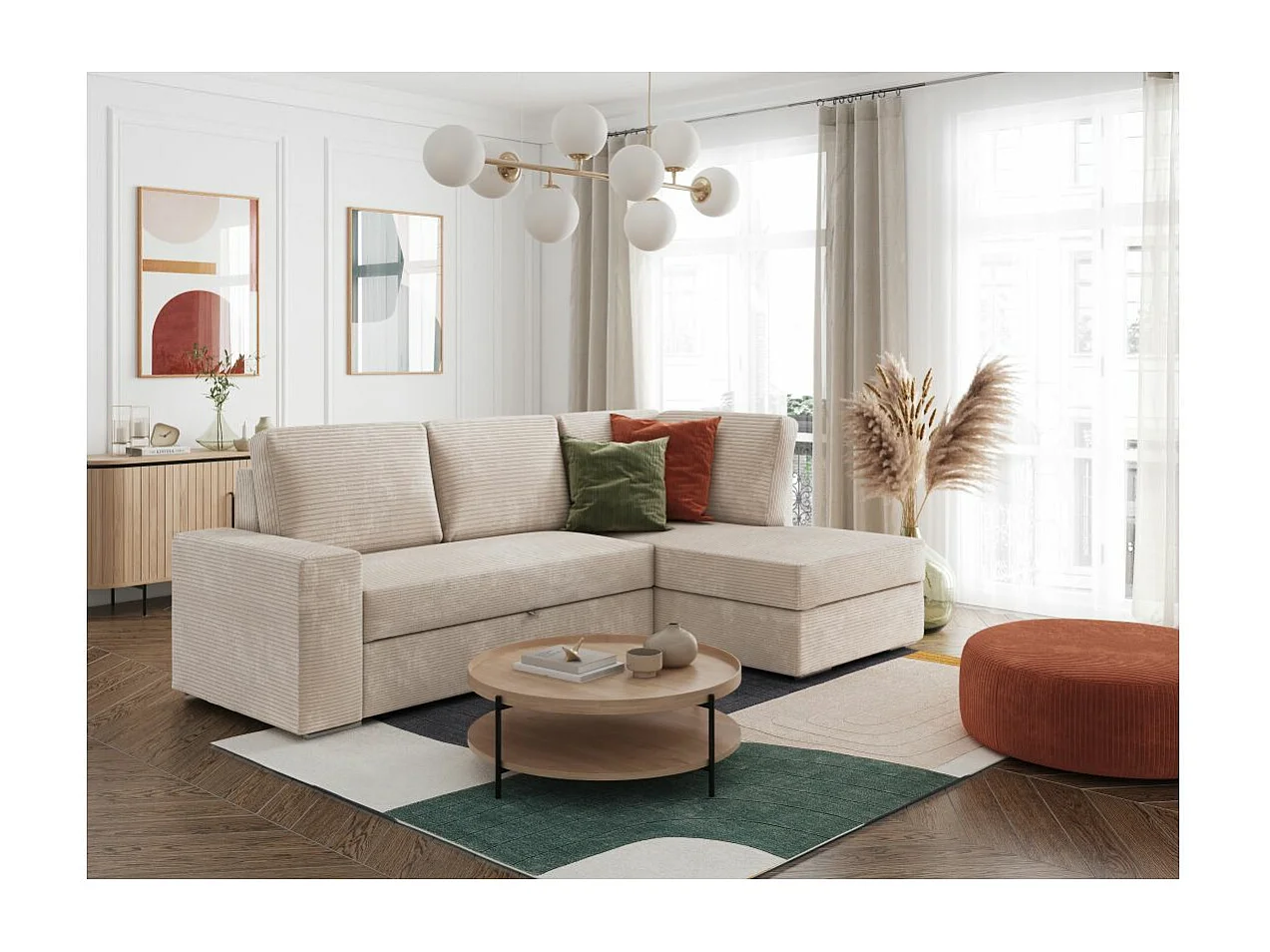 Canapé d'angle droit 3 places convertible Aden avec coffre en velours côtelé - Beige - L246 x P174 x H96cm - Loungitude