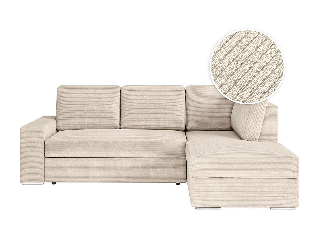 Canapé d'angle droit 3 places convertible Aden avec coffre en velours côtelé - Beige - L246 x P174 x H96cm - Loungitude