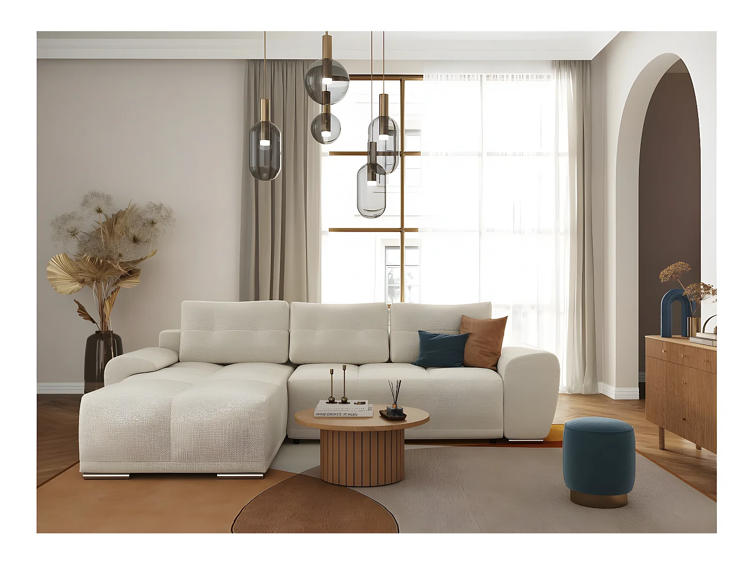 Canapé d'angle gauche 4 places convertible Cassandra avec coffre en tissu - Beige - L270 x P181 x H89cm - Loungitude