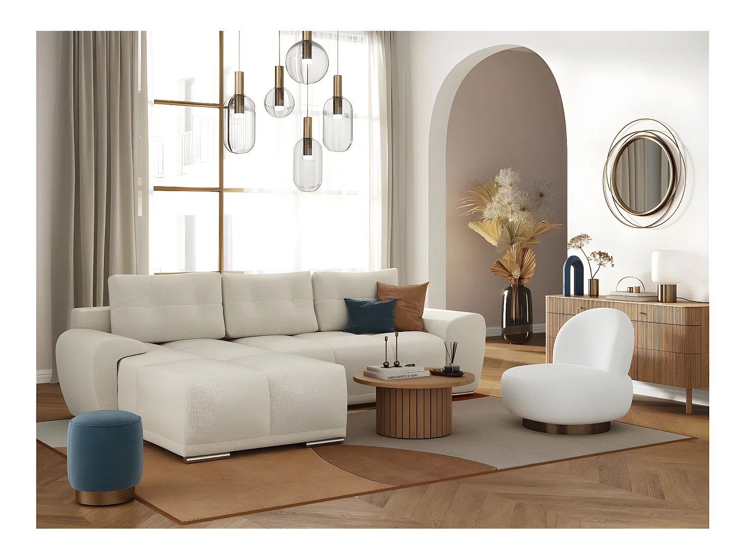 Canapé d'angle gauche 4 places convertible Cassandra avec coffre en tissu - Beige - L270 x P181 x H89cm - Loungitude