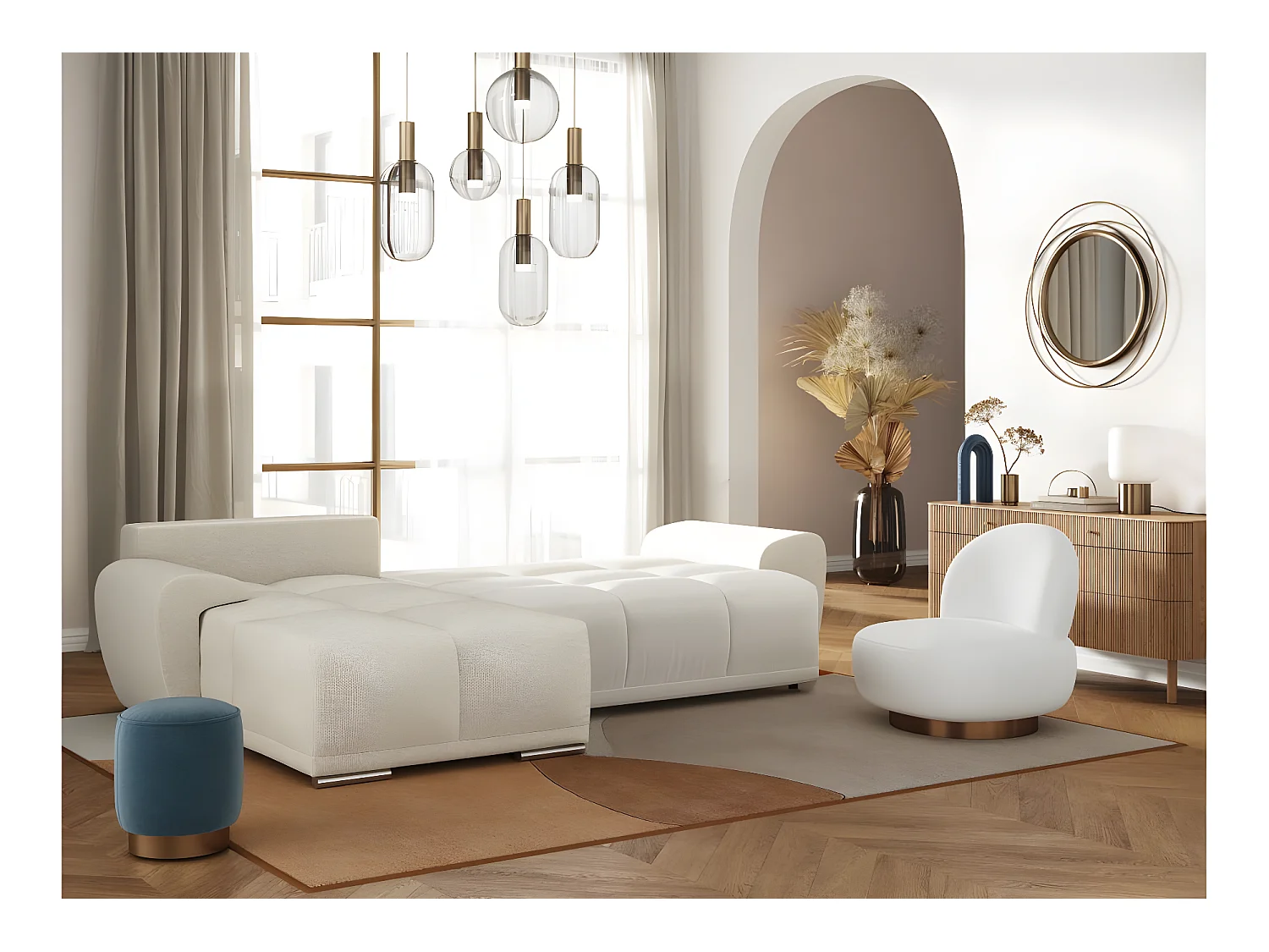 Canapé d'angle gauche 4 places convertible Cassandra avec coffre en tissu - Beige - L270 x P181 x H89cm - Loungitude