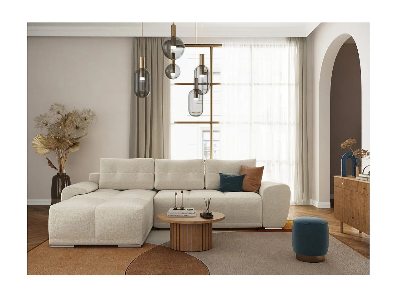 Canapé d'angle gauche 4 places convertible Cassandra avec coffre en tissu - Beige - L270 x P181 x H89cm - Loungitude