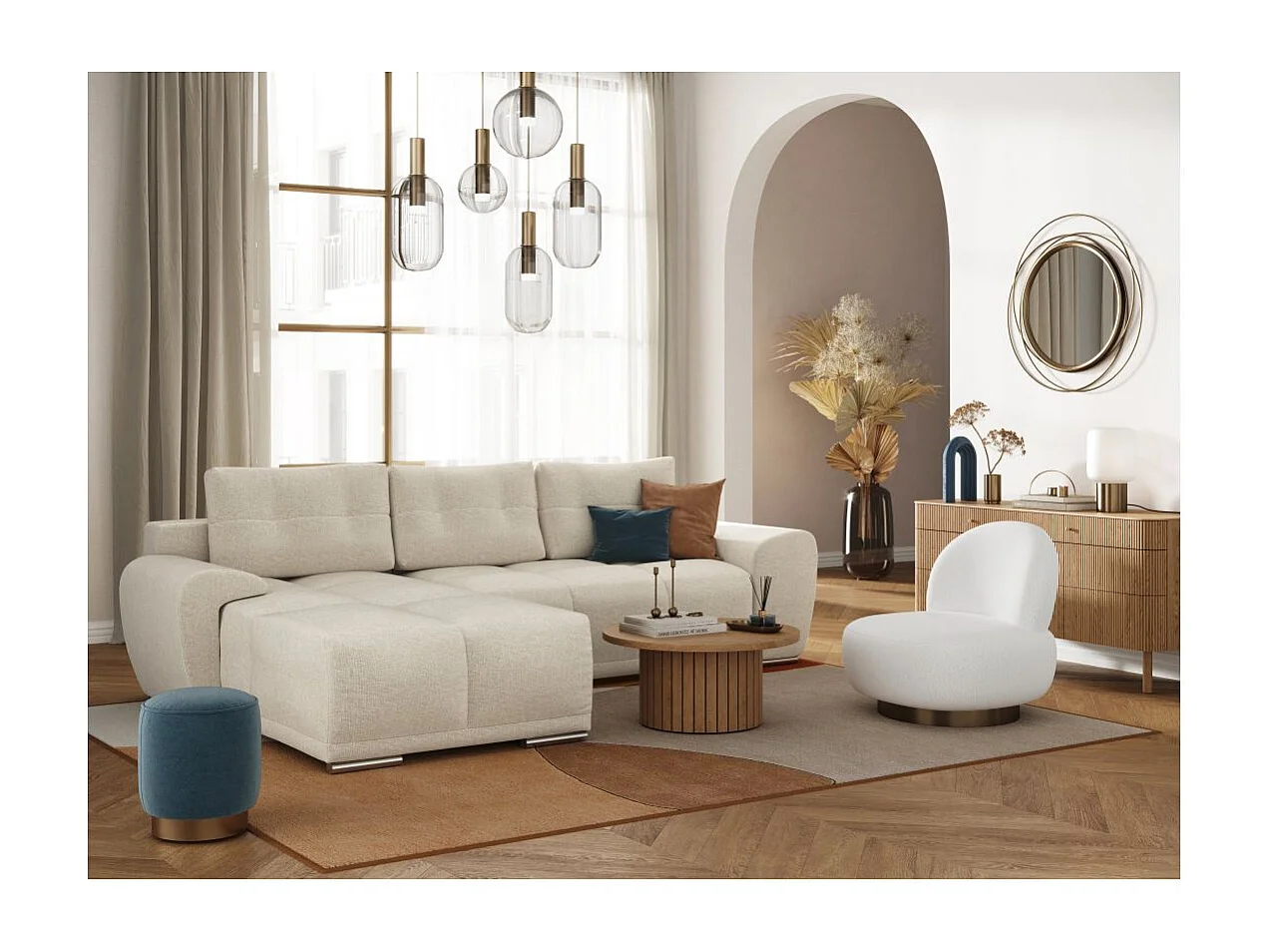 Canapé d'angle gauche 4 places convertible Cassandra avec coffre en tissu - Beige - L270 x P181 x H89cm - Loungitude