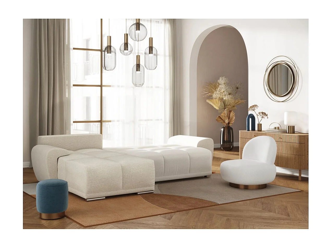 Canapé d'angle gauche 4 places convertible Cassandra avec coffre en tissu - Beige - L270 x P181 x H89cm - Loungitude