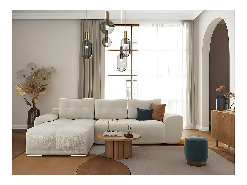 Canapé d'angle gauche 4 places convertible Cassandra avec coffre en tissu - Beige - L270 x P181 x H89cm - Loungitude