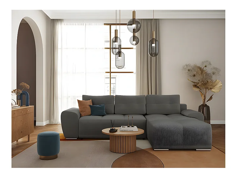 Canapé d'angle droit 4 places convertible Cassandra avec coffre en tissu - Gris - L270 x P181 x H89cm - Loungitude