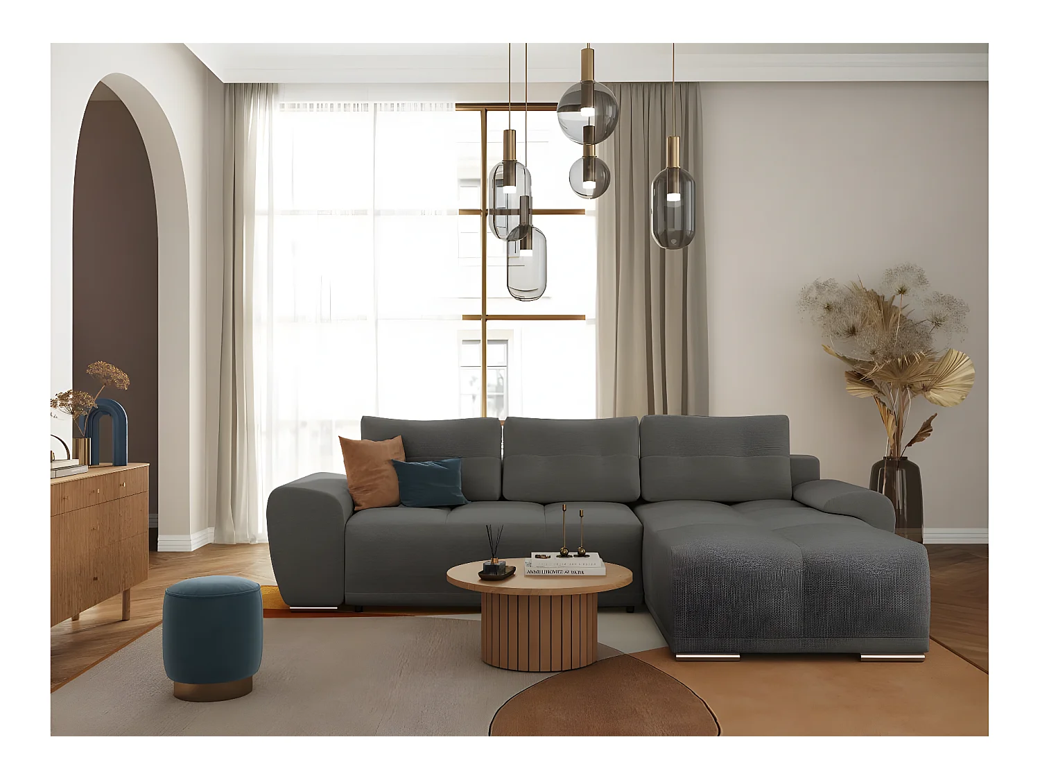 CABELLO omvormbare hoekbank in grijze stof - LOUNGITUDE - Rechte hoek - Bijzettafel - 140 x 210 cm