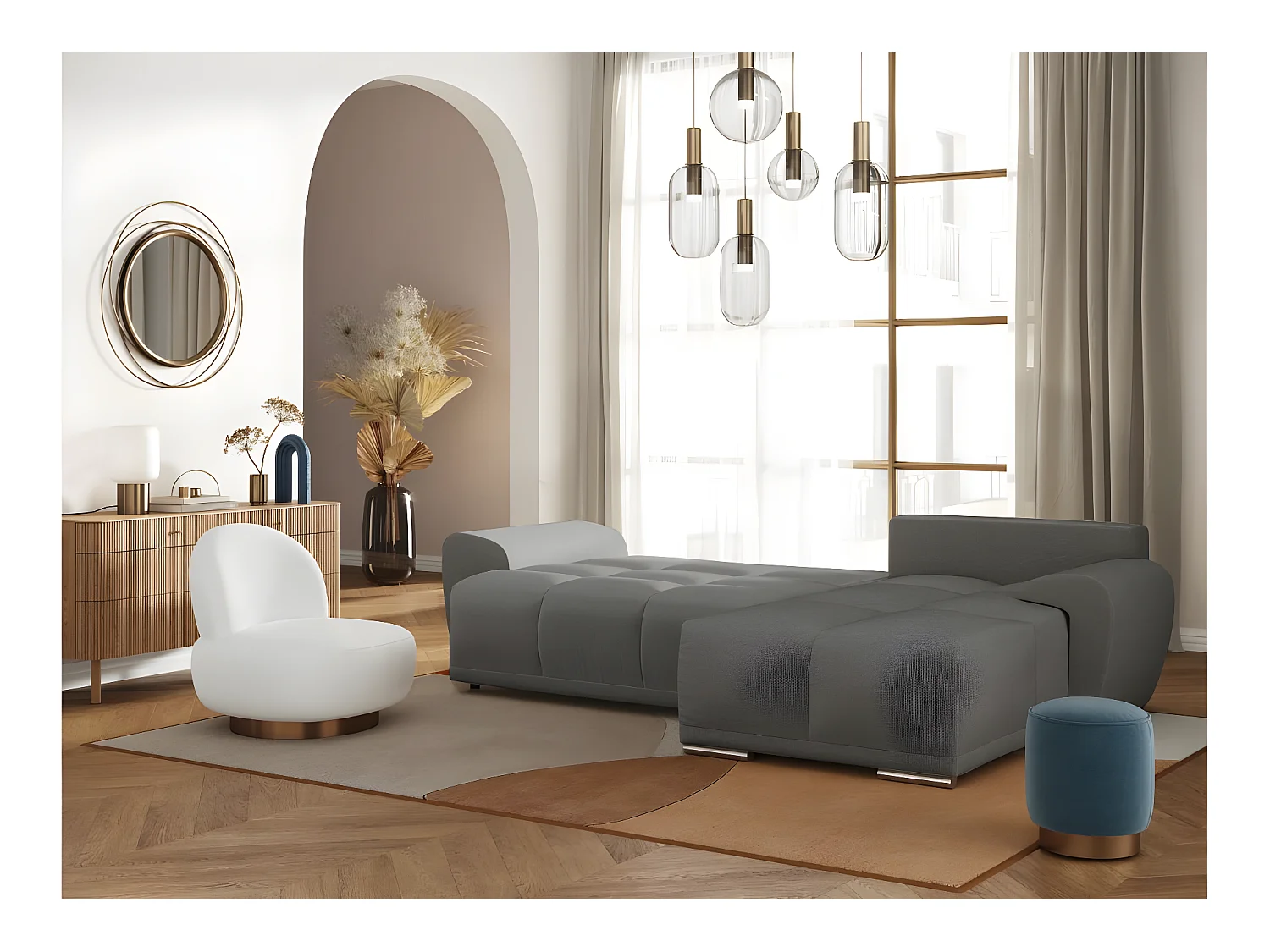 CABELLO omvormbare hoekbank in grijze stof - LOUNGITUDE - Rechte hoek - Bijzettafel - 140 x 210 cm