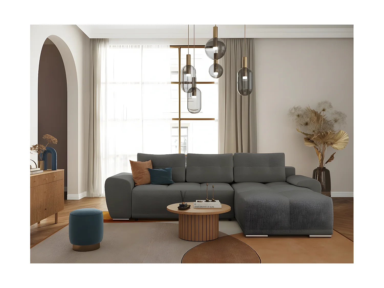 Canapé d'angle droit 4 places convertible Cassandra avec coffre en tissu - Gris - L270 x P181 x H89cm - Loungitude