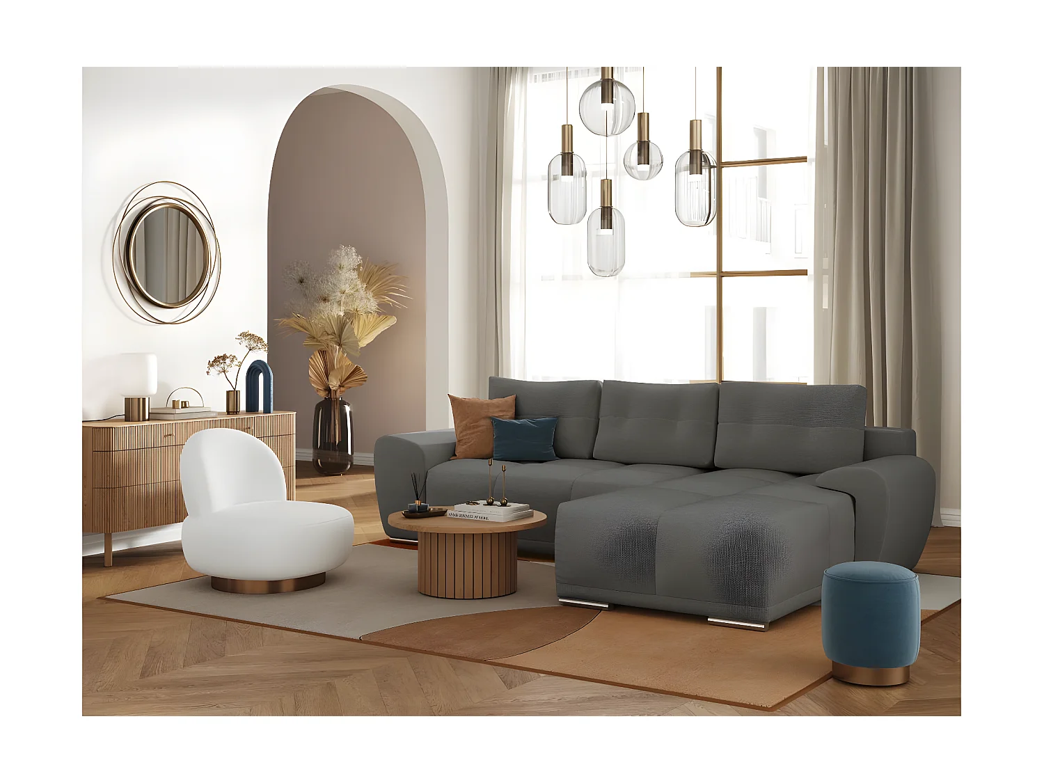 Canapé d'angle droit 4 places convertible Cassandra avec coffre en tissu - Gris - L270 x P181 x H89cm - Loungitude