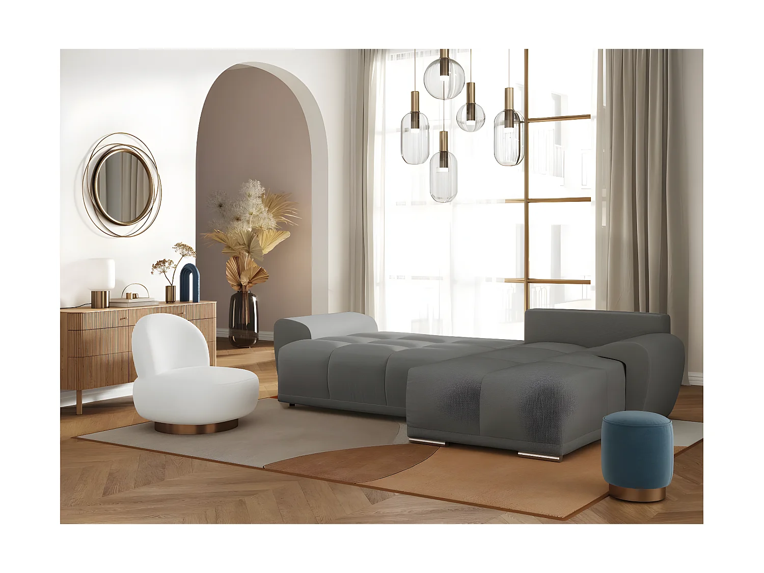 Canapé d'angle droit 4 places convertible Cassandra avec coffre en tissu - Gris - L270 x P181 x H89cm - Loungitude