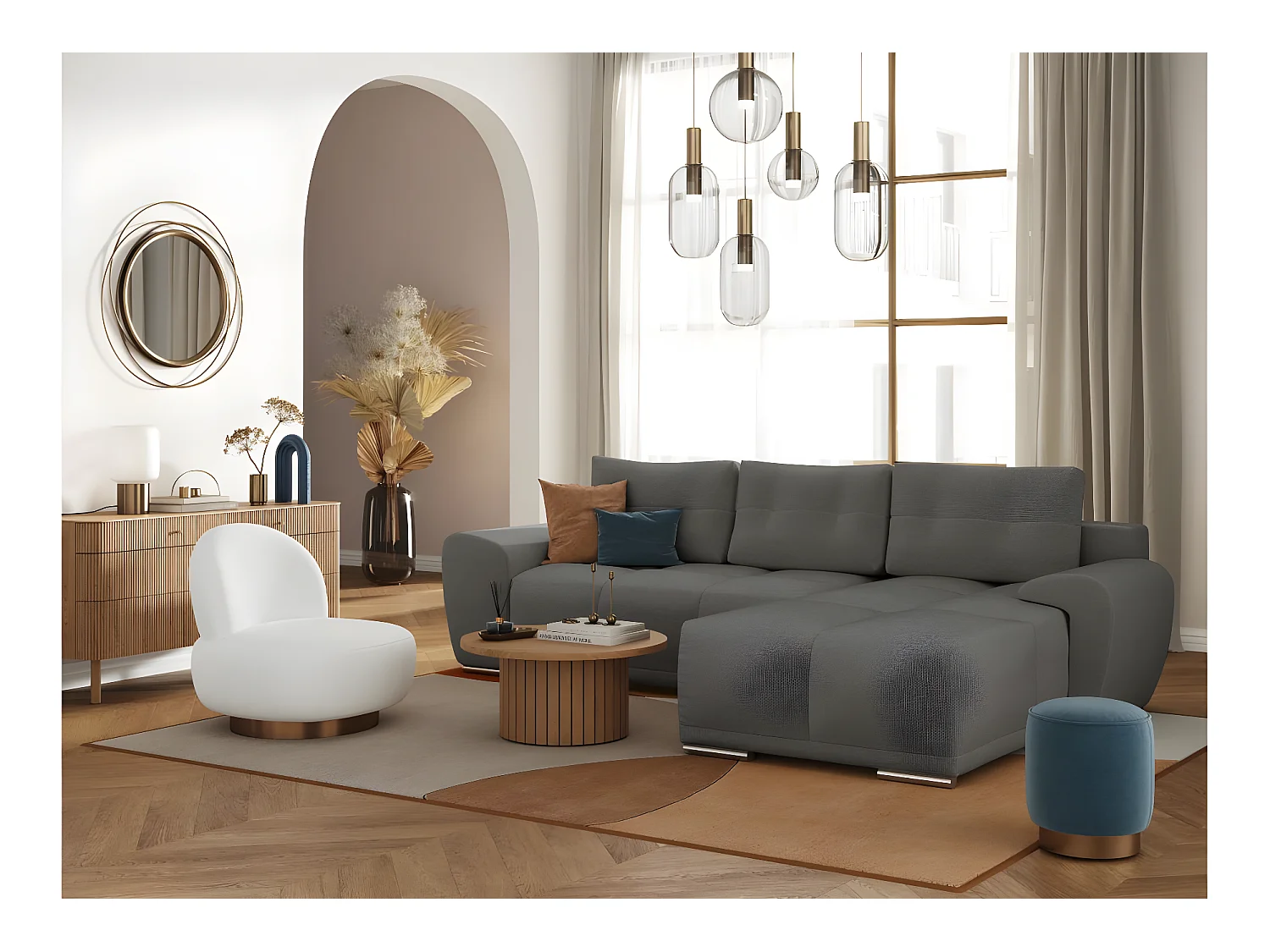 Canapé d'angle droit 4 places convertible Cassandra avec coffre en tissu - Gris - L270 x P181 x H89cm - Loungitude