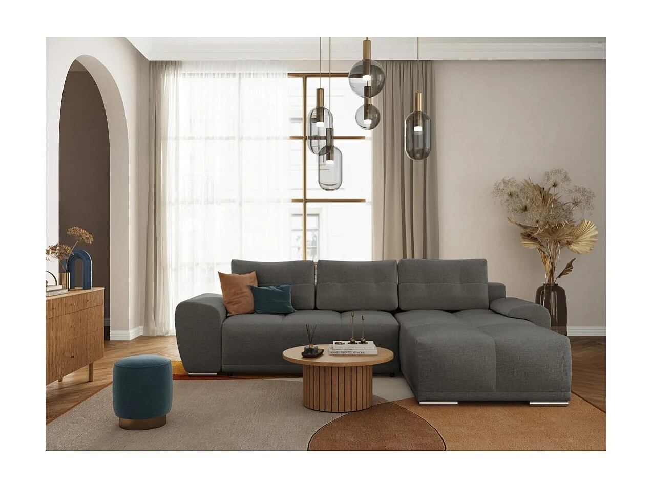 Canapé d'angle droit 4 places convertible Cassandra avec coffre en tissu - Gris - L270 x P181 x H89cm - Loungitude