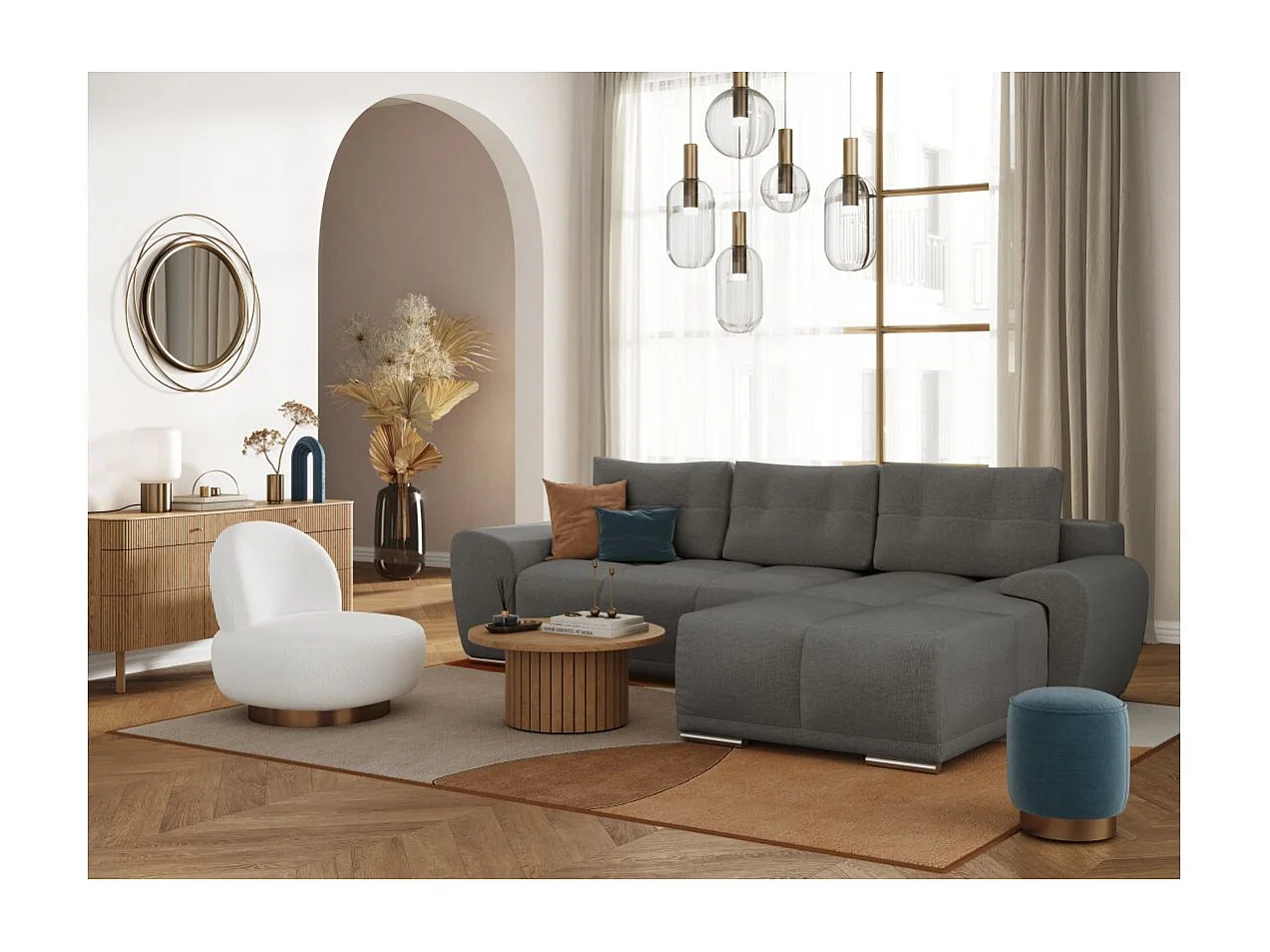 Canapé d'angle droit 4 places convertible Cassandra avec coffre en tissu - Gris - L270 x P181 x H89cm - Loungitude