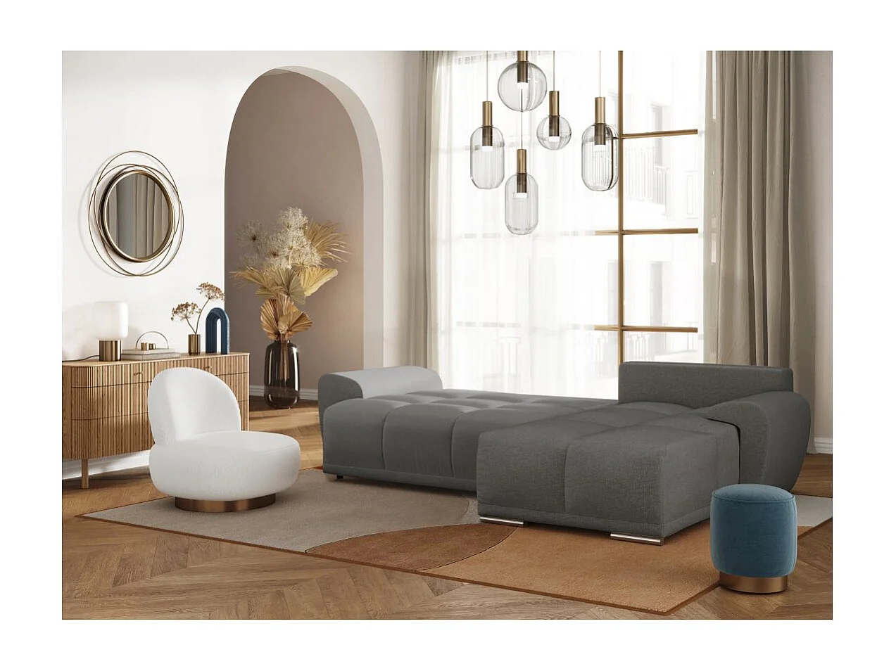 Canapé d'angle droit 4 places convertible Cassandra avec coffre en tissu - Gris - L270 x P181 x H89cm - Loungitude