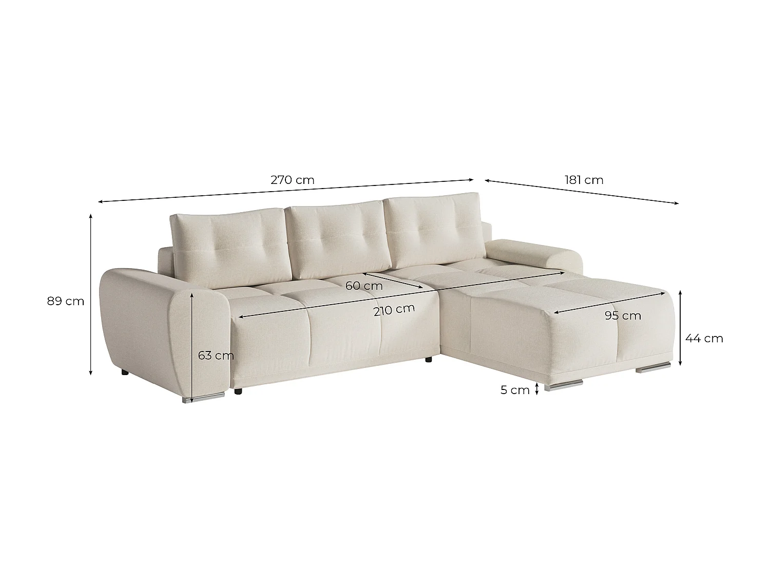 Canapé d'angle droit 4 places convertible Cassandra avec coffre en tissu - Gris - L270 x P181 x H89cm - Loungitude